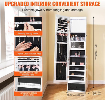 VEVOR 360° Swivel Jewelry Cabinet Armoire, 63-Inch Tall Lockable Jewelry Organizer with Full-Length Mirror, LED Light, Velvet Lining, Drawer, Freestanding, White