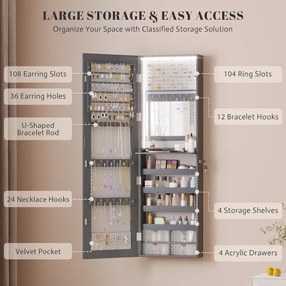 Vlsrka 47.2" Jewelry Armoire Organizer, Wall/Door Mounted Jewelry Cabinet | Built-in LED Mirror, Large Lockable Hanging Full Length Mirror with Jewelry Storage, 4 Drawers, 5 Shelves for Women, Gray