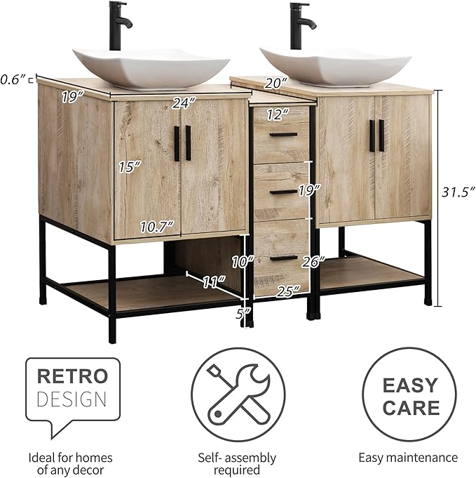 UEV Rustic Oak 60" Double Bathroom Vanity with Sink Combo,Industrial Iron Frame 2 Main Bathroom Vanity with Middle 3 Drawers Cabinet,Modern Artistic Ceramic Vessel Sink(032WH)