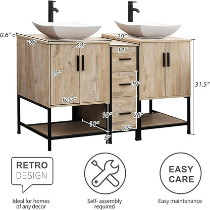 UEV Rustic Oak 60" Double Bathroom Vanity with Sink Combo,Industrial Iron Frame 2 Main Bathroom Vanity with Middle 3 Drawers Cabinet,Modern Artistic Ceramic Vessel Sink(032WH)