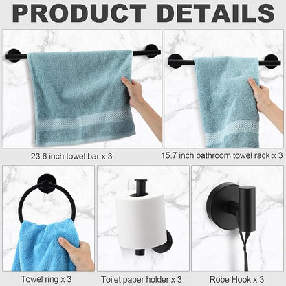 Gisafai 15 Pcs Matte Black Bathroom Accessories Hardware Set Black Towel Racks for Bathroom Sus304 Stainless Steel 23.6 Inch Towel Bar Ring Toilet Paper Holder Robe Hooks for Wall Mounted