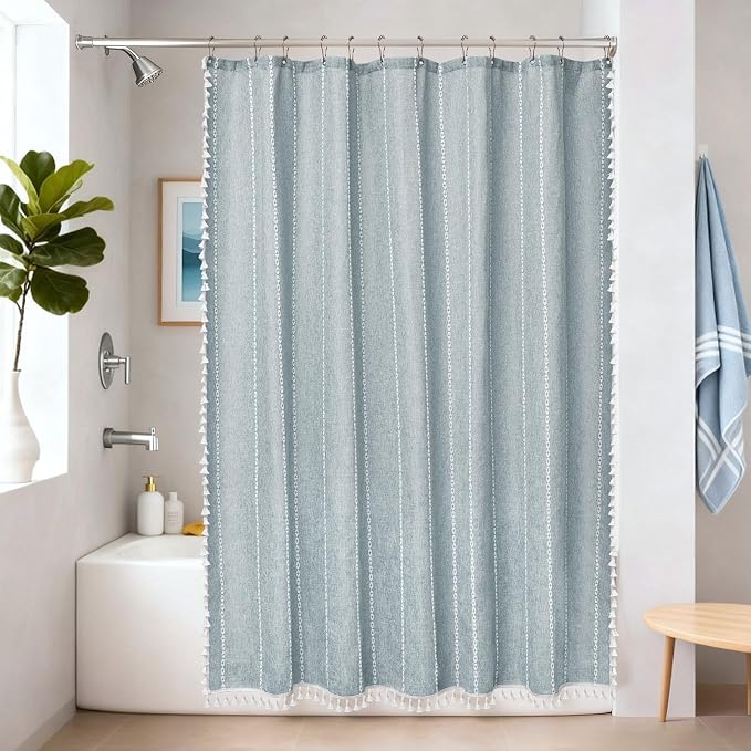 Seenus Boho Chic Shower Curtain Heavyweight with Tassels, 72 x 72 inch Sky Blue Linen Textured Fabric Shower Curtain, Country Farmhouse Striped Bathroom Decor Curtain Water Repellent