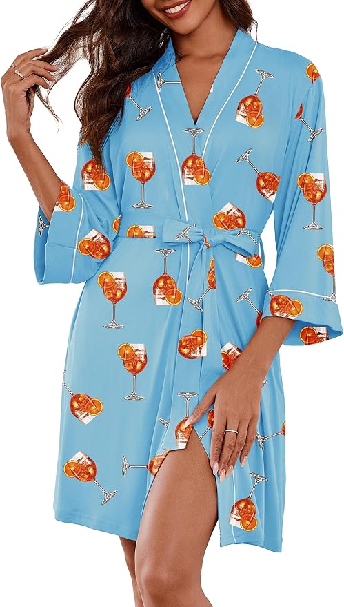 Ekouaer Women Kimono Robes Knee Length Knit Bathrobe Lightweight Soft Sleepwear V-neck Casual Ladies Loungewear