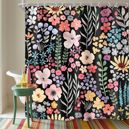 Extra Long Black Floral Watercolor Cute Plants Bathroom Shower Curtain Set | 72"W x 84"H Girly Boho; waterproof HD print, quick-dry fabric with 12 hooks for easy hanging.