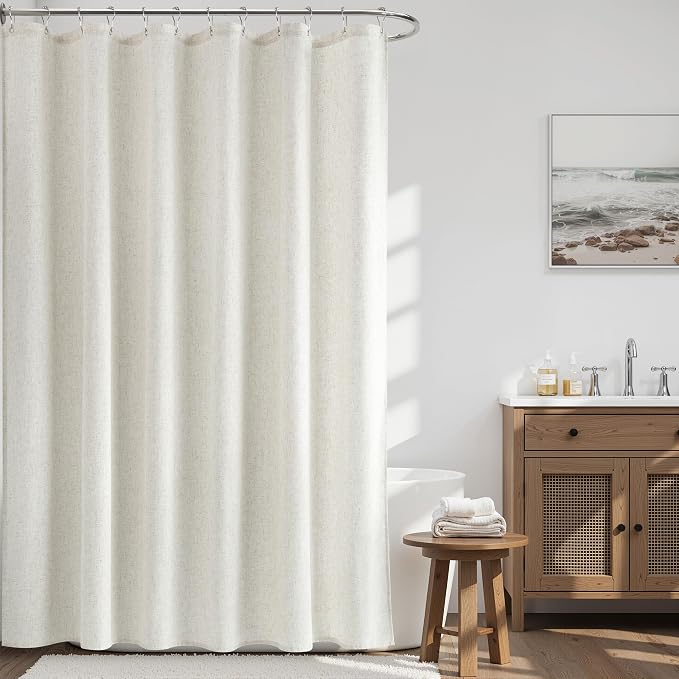 Neutral Linen Extra Long Shower Curtains 82 Inches Long Neutral Country Boho Farmhouse Decor Beige Curtains for Bathroom Natural Cloth Textured Fabric Bath Drapes with Hooks Ivory 72x82