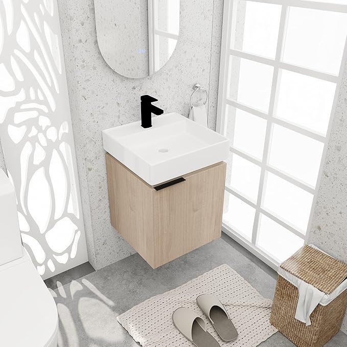 18 Inch Bathroom Vanity with Sink,Wall Mounted Bathroom Vanity Sink Combo with Soft Close Door for Small Space,Modern Floating Bathroom Vanity with Top Basin & Storage Cabinet