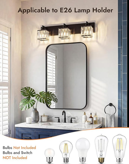 VOLISUN Black Bathroom Light Fixtures, Modern Bathroom Lighting Fixtures Over Mirror, 3 Light Bathrooms Vanity Light, Crystal Vanity Light for Bathrooms-UL Certificated(Exclude Bulb)