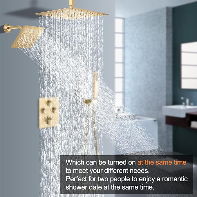 Dual Shower Heads Shower System with 16" Ceiling Mounted Rain Shower Head & 6" Wall Mounted Head Full Body Shower System 3 Way Thermostatic Shower Valve Can All Run Together, Brushed Gold