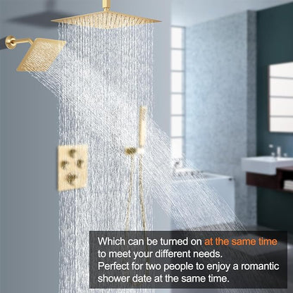 Dual Shower Heads Shower System with 16" Ceiling Mounted Rain Shower Head & 6" Wall Mounted Head Full Body Shower System 3 Way Thermostatic Shower Valve Can All Run Together, Brushed Gold