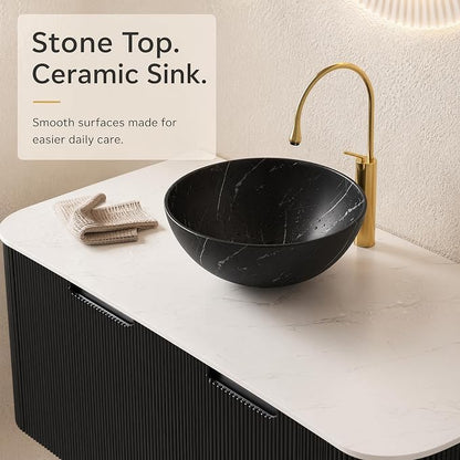 48 Inch Bathroom Vanity with Sink, Floating Wall Mounted Single Sink Vanity, Black Curved Fluted Front, Stone Top, Black Marble Vessel Basin, Pre-Assembled