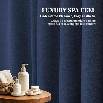 72x90 Linen Textured Waterproof Fabric Shower Curtain Set, Navy Blue | Long Size, 230GSM Polyester, Heavy Duty Cloth, Weighted Hem, 12 Plastic Hooks, Modern Luxury Hotel Style, Machine Washable