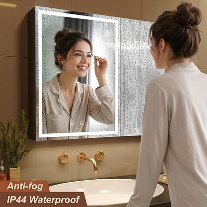 30x28 Inch Two Doors Aluminum LED Bathroom Medicine Cabinet with Mirror | Light Adjustment, Anti-Fog, Sockets&USBs, High Capacity, Easy to Install