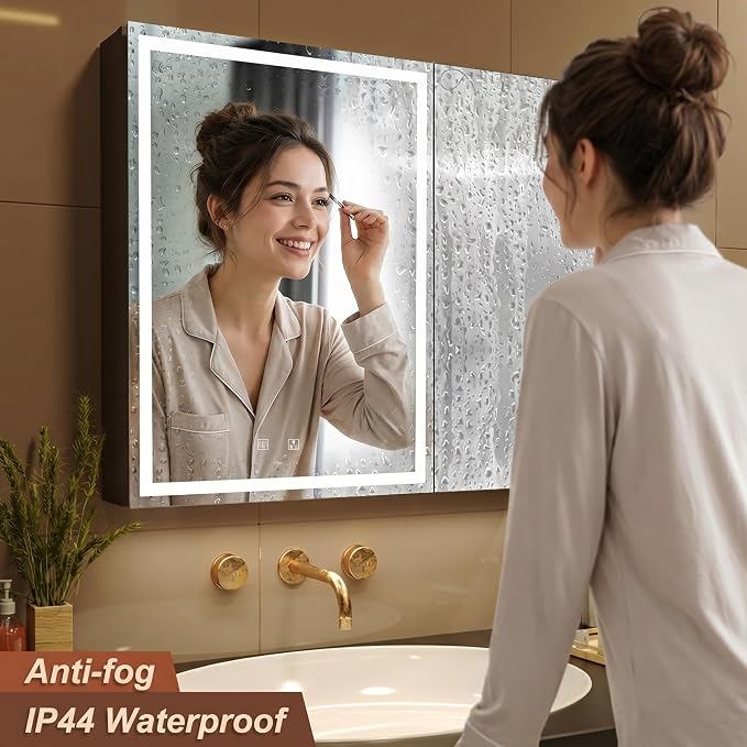 30x28 Inch Aluminum LED Bathroom Mirror Cabinet with Backlit Panel | Light Adjustment, Anti-Fog, Sockets&USBs, High Capacity, Easy to Install