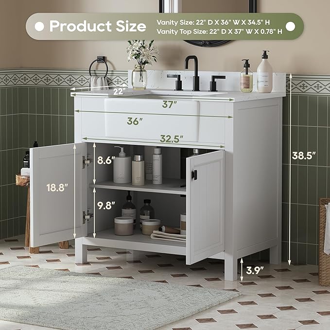 36 Inch Bathroom Vanity with Sink, Farmhouse Single Sink Bathroom Vanity with Adjustable Feet, Bathroom Storage Cabinet with Soft Closing Doors, Apron Farm Sink, White