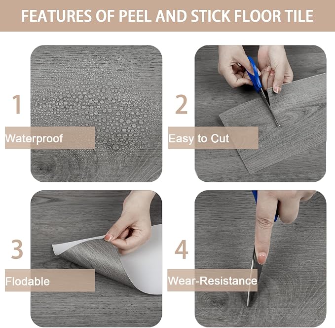 Peel and Stick Floor Tile Wood Plank Look, Self-Adheisve Vinyl Flooring | Grey, 20-Pack 30 Sq.Ft, Floor Tiles Peel and Stick Waterproof for Bathroom Kitchen RV Renter, 36x6inch