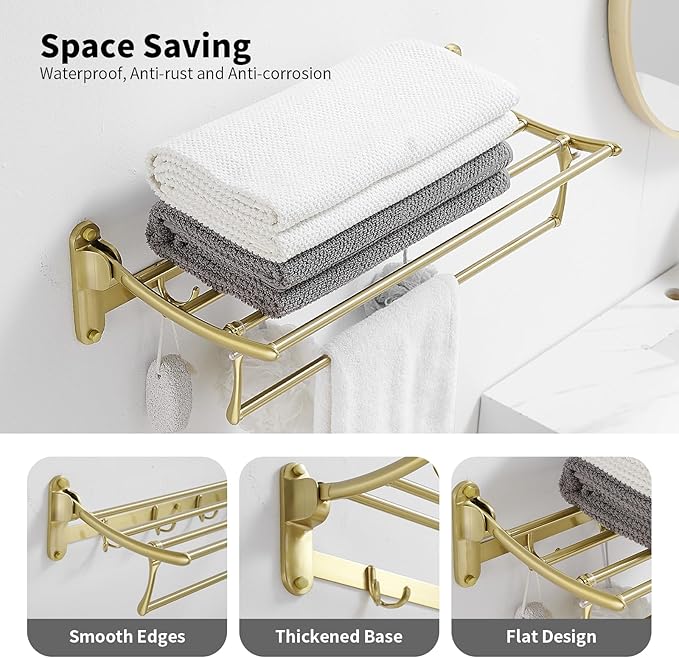 Towel Racks with Foldable Towel Bar Hooks, Wall Mounted Brushed Gold | 24 Inch Bathroom Towel Shelf Holder, Multifunctional Storage Bathroom Accessories, Double Towel Bars, Rust-resistant Metal