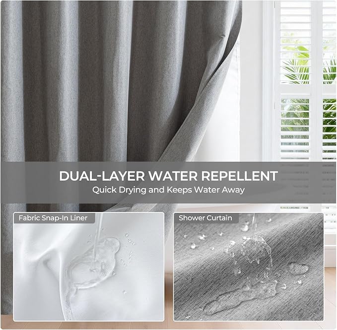River Dream Linen Textured No Hooks Shower Curtain with Liner,Grey,71x74 | with Snap-in Liner,Heavy Duty Fabric,Quick Dry,Bottom Magnets,Water-Repellent,Washable,Farmhouse Bathroom Set