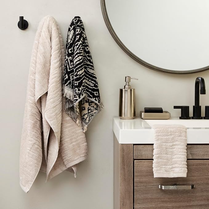 SKL Home CloudSoft/Nador Bath Towel Set-6pc, 100% Cotton, Oatmeal/Black | 2 Bath towels, 2 hand towels, 2 washcloths. 600 GSM. Soft & absorbent, reversible jacquard. Premium spa-level quality.