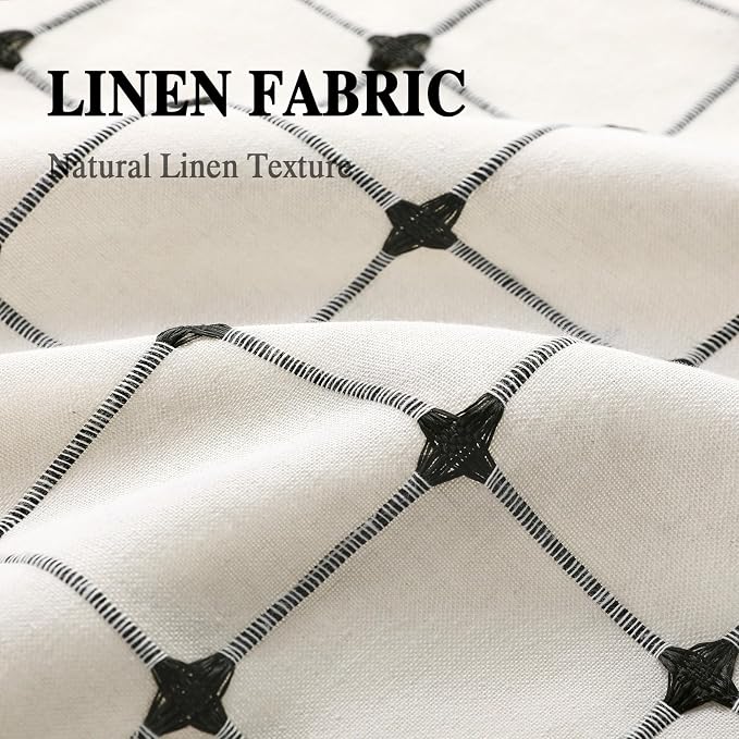 Farmhouse Shower Curtain Button Plaid-Cream-Black Stripe 72"W x 72"L | Farmhouse Style, Chic Button, Striped, Linen Fabric, Rustic, Country, Natural Look, Washable, for Bathroom Bathtub