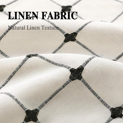 Farmhouse Shower Curtain Button Plaid-Cream-Black Stripe 72"W x 72"L | Farmhouse Style, Chic Button, Striped, Linen Fabric, Rustic, Country, Natural Look, Washable, for Bathroom Bathtub