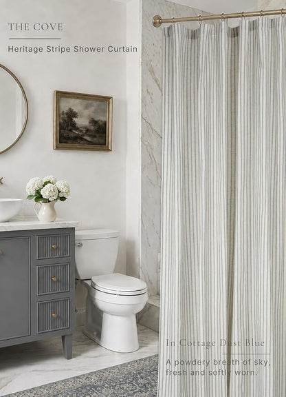 Farmhouse Striped Shower Curtain - Extra Long 72x84 Inches, Linen Blend Fabric, Breathable & Machine Washable, Rustic Heirloom Blue for Bathroom Decor (Hooks/Liner Not Included)