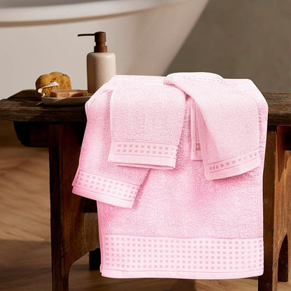 GLAMBURG Ultra Soft 3 Pack Cotton Towel Set, Contains a Bath Towel 28x55 inch, a Hand Towel 16x24 inch & a Wash Coth 12x12 inch, Ideal Everyday use, Compact & Lightweight - Pink
