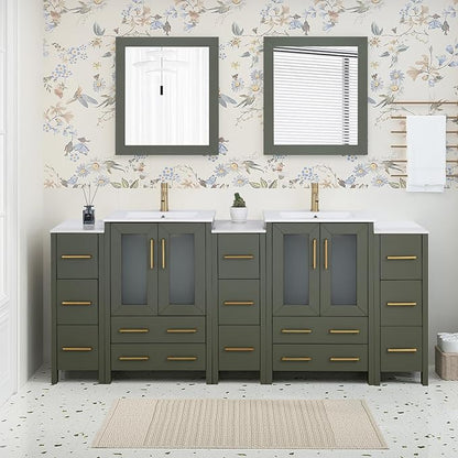 HOMEBEYOND 84 Inch Modern Bathroom Vanity with Sink & Mirror, Double Sink Vanity Cabinet with Basin and Mirror, Dove-Tailed Drawers, Soft-Closing Doors, Wood, Vintage Green