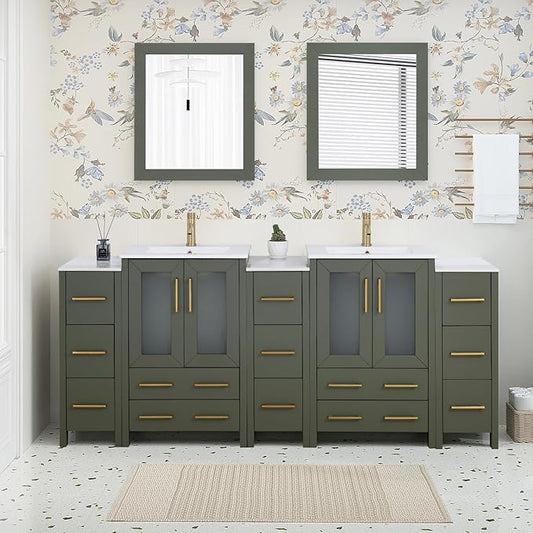 HOMEBEYOND 84 Inch Modern Bathroom Vanity with Sink & Mirror, Double Sink Vanity Cabinet with Basin and Mirror, Dove-Tailed Drawers, Soft-Closing Doors, Wood, Vintage Green