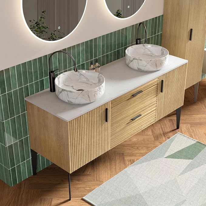 60" Bathroom Vanity with Double Carrara Sink, Wall-Mounted, Oak | Fluted Double Ceramic Vessel Sink Bathroom Vanity with Soft-Closing Drawers & Doors, Engineered Stone Countertop