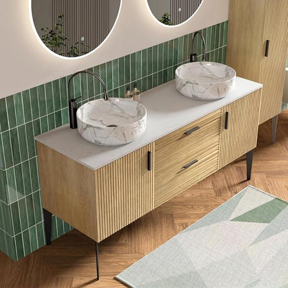 60" Bathroom Vanity with Double Carrara Sink, Wall-Mounted, Oak | Fluted Double Ceramic Vessel Sink Bathroom Vanity with Soft-Closing Drawers & Doors, Engineered Stone Countertop