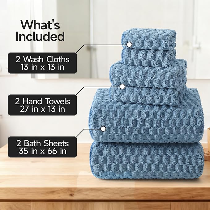 REDKISS Blue Microfiber Towels Set 6 Pack - 35x70 Inches Oversized Bath Sheets, Extra Large Bath Towels, Super Soft Quick Dry Lint Free Absorbent Waffle Microfiber Shower Towels