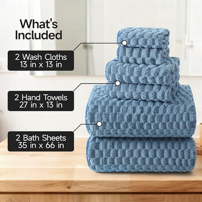 REDKISS Blue Microfiber Towels Set 6 Pack - 35x70 Inches Oversized Bath Sheets, Extra Large Bath Towels, Super Soft Quick Dry Lint Free Absorbent Waffle Microfiber Shower Towels