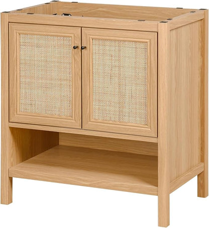 JONATHAN Y VAN1024A Jasper 30 in. W x 18 in. D x 33 in. H Rattan Modern Coastal 2-Shelf Bathroom Vanity Cabinet Only with Soft Closing Doors (Sink Basin Not Included), Oak