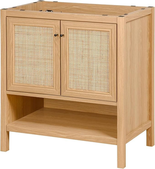 JONATHAN Y VAN1024A Jasper 30 in. W x 18 in. D x 33 in. H Rattan Modern Coastal 2-Shelf Bathroom Vanity Cabinet Only with Soft Closing Doors (Sink Basin Not Included), Oak