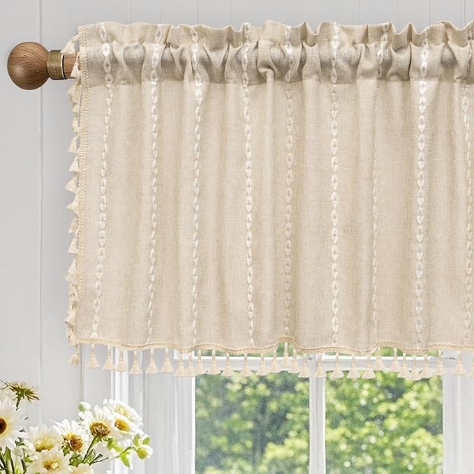 Seenus Boho Farmhouse Linen Valance Curtain, 52x18 inch Soft Light Filtering & Privacy Window Valance with Tassels for Living Room Kitchen Bathroom, Rod Pocket, Beige Cream
