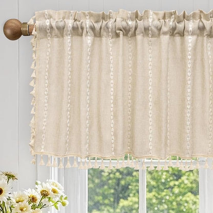 Seenus Boho Farmhouse Linen Valance Curtain, 52x18 inch Soft Light Filtering & Privacy Window Valance with Tassels for Living Room Kitchen Bathroom, Rod Pocket, Beige Cream