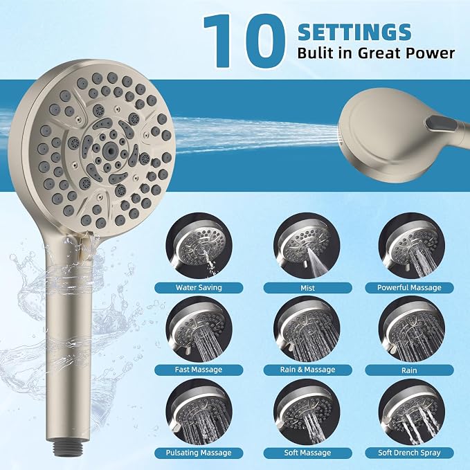 10" Metal Filtered Shower Head with 10-Mode Handheld, Brushed Nickel | NSF/ANSI/CAN 372 Certified, High Pressure Showerhead Combo, 20 Stage Shower Filter, 11" Shower Arm, 71" Hose, Shower Holder