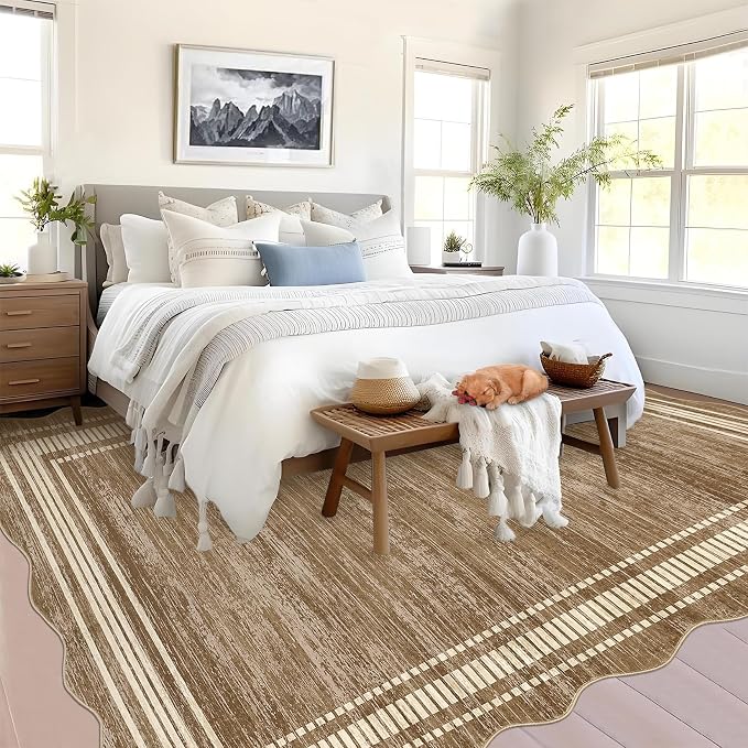 Garvee Brown Scalloped Rug 10x13 Washable Area Rug for Living Room | Large Modern Abstract Area Rug, Non-Slip Soft Rug for Bedroom, Scalloped Rug Low-Pile Solid Rug for Dining Room Home Office