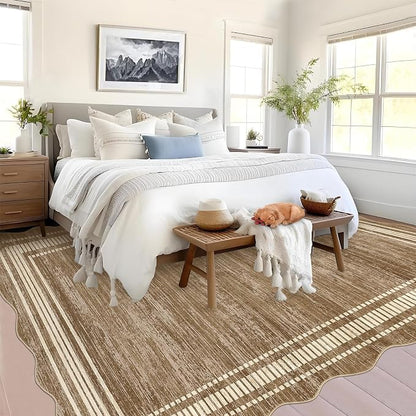 Garvee Brown Scalloped Rug 10x13 Washable Area Rug for Living Room | Large Modern Abstract Area Rug, Non-Slip Soft Rug for Bedroom, Scalloped Rug Low-Pile Solid Rug for Dining Room Home Office