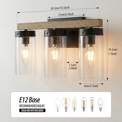 Rustic Vintage Wall Sconce, Farmhouse Vanity Light, Bathroom Wood Wall Light Over Mirror with Seedy Glass Shade.(Pinewood, 3-Light)