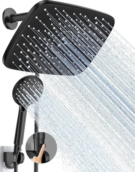 Veken 11.8“ Rain Shower Head with Handheld,Dual High Pressure Shower Heads | Easy Pause,5-mode Hand Held Spray with Hose,Wide Detachable Rainfall,Double Showerhead Combo,Bathroom Accessories,Matte Black
