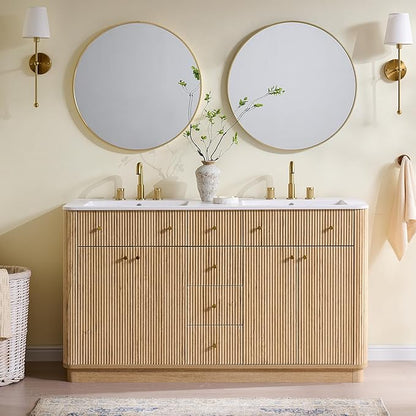 T4TREAM 60 Inch Bathroom Vanity with Sink, Modern Fluted Large Double Sink Bathroom Vanity with 2 Storage Cabinets, Adjustable Shelf, and 3 Small Drawers, Natural Oak