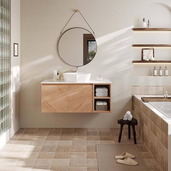 36 Inch Floating Vanity Bathroom with Single Sink, Wall-Mounted Floating Bathroom Cabinet with Sintered Stone Countertop & White Ceramic Basin, Ample Storage and Open Shelves, Light Wood
