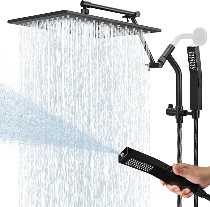 All Metal 12 Inch Rain Shower Head with Handheld Built-in Power Wash Mode, High Pressure Waterfall Rainfall Square Shower Heads with 16" Adjustable Extension Arm, Dual Showerhead, Matte Black