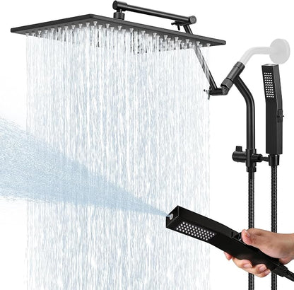 All Metal 12 Inch Rain Shower Head with Handheld Built-in Power Wash Mode, High Pressure Waterfall Rainfall Square Shower Heads with 16" Adjustable Extension Arm, Dual Showerhead, Matte Black