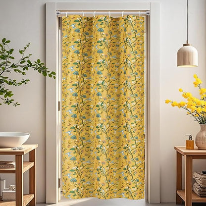 Yellow Floral Bird Shower Curtain 36x72, Hummingbird and Lemon Botanical Fabric Bath Curtains, Lightweight Quick-Dry Bathroom Decor Set with Hooks