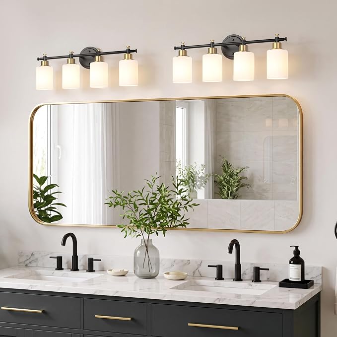 4 Light Bathroom Vanity Light Fixture Over Mirror, Black and Gold, 23'' | Vanity Lights for Bathroom, Bedroom, Living Room, White Frosted Glass Shades, Modern, E26(Bulbs Not Included)
