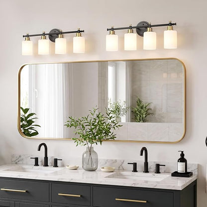 4 Light Bathroom Vanity Light Fixture Over Mirror, Black and Gold, 23'' | Vanity Lights for Bathroom, Bedroom, Living Room, White Frosted Glass Shades, Modern, E26(Bulbs Not Included)