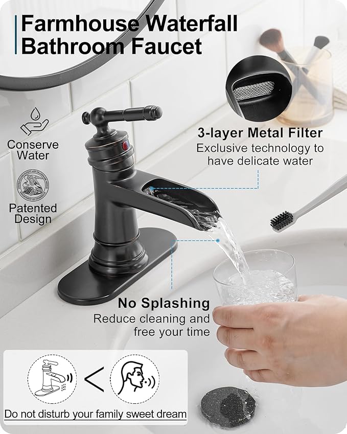 Waterfall Faucet, Brass Oil Rubbed Bronze Bathroom Faucet 1 Hole, Single Handle Bathroom Faucets, 4 Inch 3 Hole Bathroom Sink Faucet with Pop Up Drain Deck Plate & Supply Hoses for Farmhouse