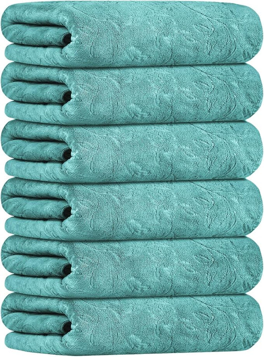 JML Microfiber Bath Towels, Bath Towel 6 Pack(30" x 60"), Oversized, Soft, Super Absortbent and Fast Drying, Multipurpose Use for Sports, Fitness, Yoga, Green-Floral Embossed